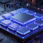 次世代CPUのフォトリアルレンダリング。青紫に光るチップレット構造が暗いスタジオ照明の中に浮かぶ、SF風半導体技術のコンセプトアート