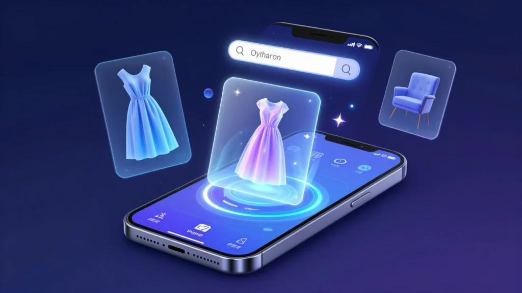 スマートフォン画面に映るAIショッピングアプリのUI。検索バー下にホログラフィックな架空の商品画像が浮かび上がるコンセプトアートイラスト。