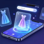 スマートフォン画面に映るAIショッピングアプリのUI。検索バー下にホログラフィックな架空の商品画像が浮かび上がるコンセプトアートイラスト。
