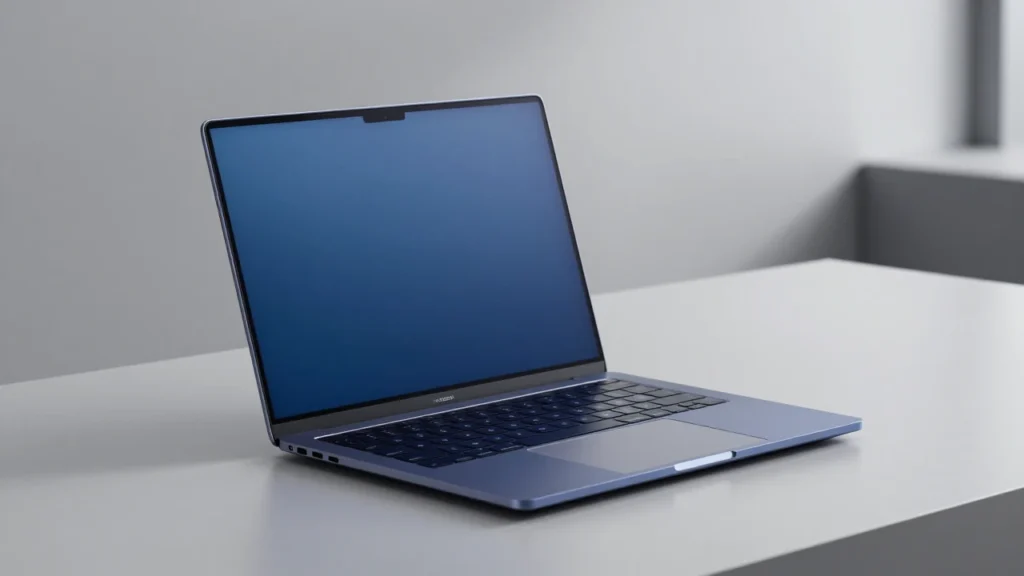 ミニマルなデスクの上に置かれた薄型カラフルノートPC。