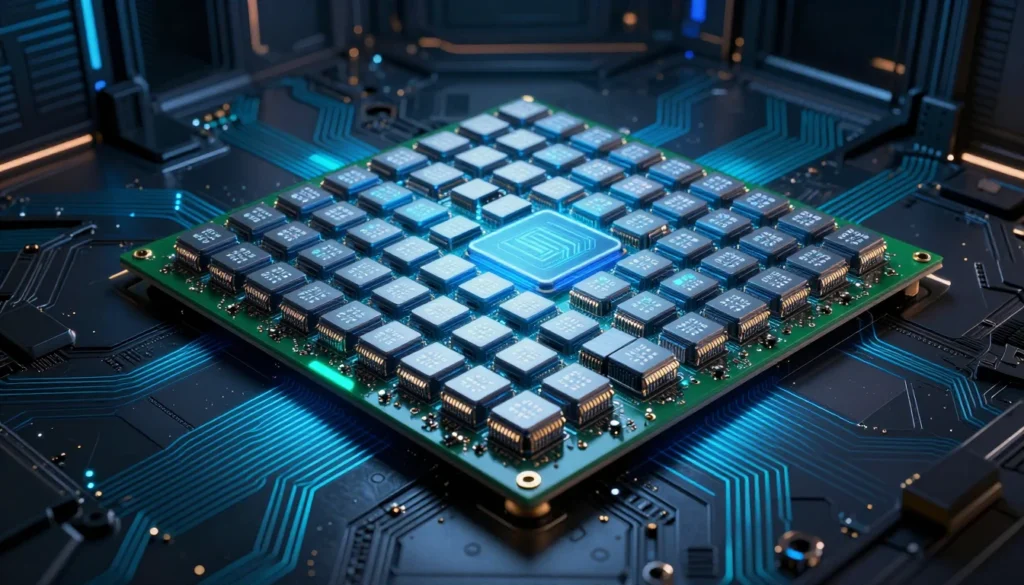 巨大な単一ダイGPUと整然と並ぶLPDDR5Xメモリモジュールを搭載した緑のPCBをイメージしたSFコンセプトアート