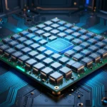 巨大な単一ダイGPUと整然と並ぶLPDDR5Xメモリモジュールを搭載した緑のPCBをイメージしたSFコンセプトアート