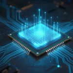 x86 CPUチップの中枢から行列演算グリッドが光のエネルギーとして浮かび上がるコンセプトアート。