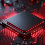 次世代GPUチップのコンセプトアート。赤と黒を基調とした配色で、発光する回路トレースと先端半導体アーキテクチャを描いたクローズアップ。