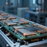 先端半導体パッケージング工場の内部。複数のシリコンダイが1モジュールに組み上げられていく工程。