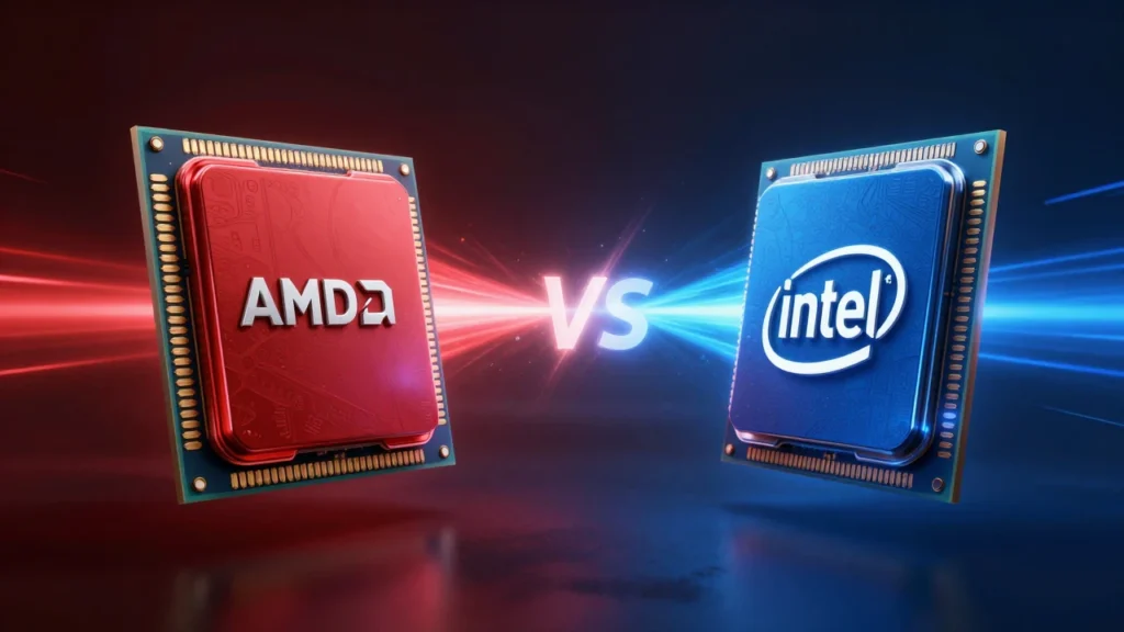 対決構図のコンセプトアート。赤く輝くAMD製CPUと青く輝くIntel製CPUが向き合い、エネルギーが衝突するドラマチックなビジュアル