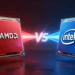 対決構図のコンセプトアート。赤く輝くAMD製CPUと青く輝くIntel製CPUが向き合い、エネルギーが衝突するドラマチックなビジュアル