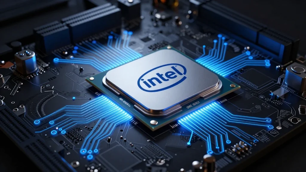 未来的なIntelデスクトップCPUチップとハイエンドマザーボードのコンセプトイメージ。