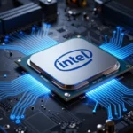 未来的なIntelデスクトップCPUチップとハイエンドマザーボードのコンセプトイメージ。