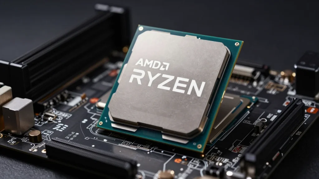 AM5マザーボードに装着されたAMD Ryzenデスクトップ用CPUのクローズアップ。