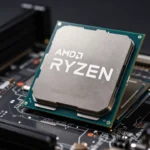 AM5マザーボードに装着されたAMD Ryzenデスクトップ用CPUのクローズアップ。