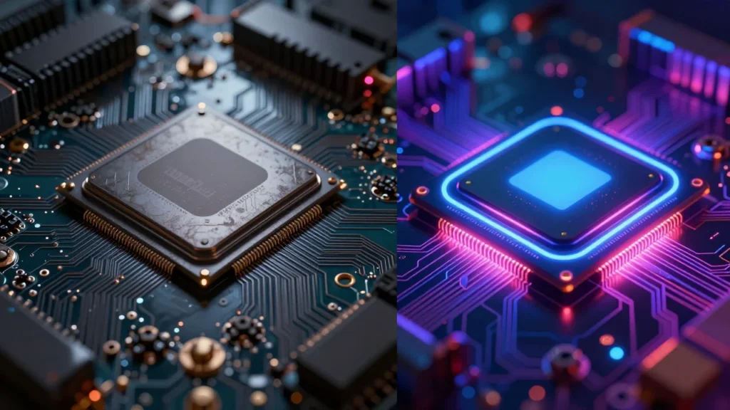 旧世代GPU(薄暗いレトロな基板)と新世代GPU(鮮やかに輝くチップ)を左右に並べたビジュアル比較イメージ。