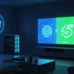 リビングルームのテレビ台に置かれた光るゲーミングPC。青と緑のネオン照明が対比するように輝く。