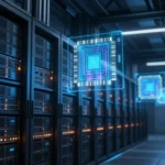 巨大データセンターの内部。青とオレンジのネオン光に照らされたサーバーラックの列と、宙に浮かぶメモリチップの立体図。
