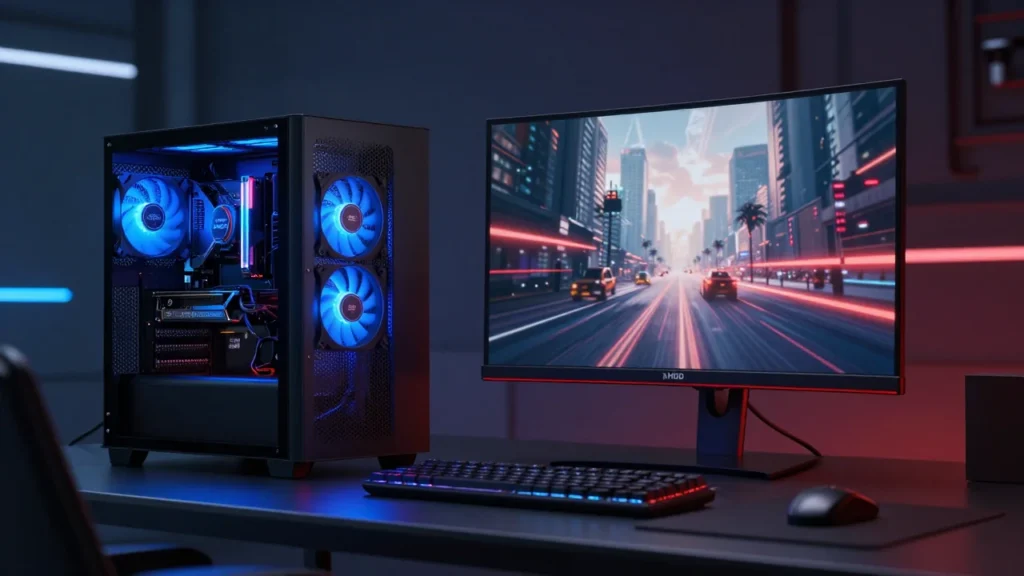 AMD Radeon GPU搭載のゲーミングPCセットアップ。青と赤のネオン照明、レイトレーシングの夜景が映る4Kモニター（