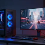 AMD Radeon GPU搭載のゲーミングPCセットアップ。青と赤のネオン照明、レイトレーシングの夜景が映る4Kモニター（