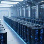 巨大なスーパーコンピューターデータセンターのコンセプトアート。無数のサーバーキャビネットが並ぶ壮大なスケール感、青白い光が印象的な先端研究施設