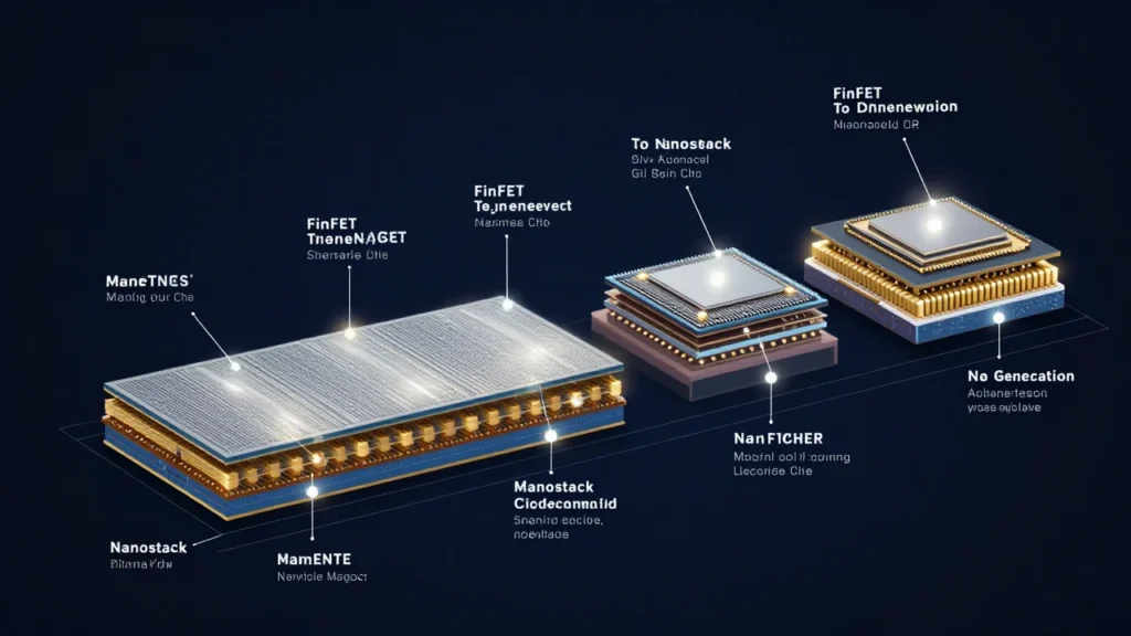 ムーアの法則ロードマップのコンセプトイラスト。FinFETからナノシート、Nanostackへの世代進化を可視化したタイムライン。