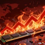 劇的な金融危機コンセプトアート。炎に包まれるRAMメモリチップと急上昇する価格グラフ。