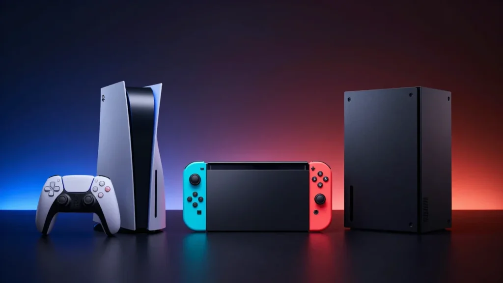 3台のゲーム機を並べたプロダクト写真スタイル。Nintendo Switch 2を中心に明るく照らし、PS5とXbox Series Xを左右に配置。