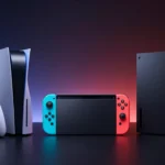 3台のゲーム機を並べたプロダクト写真スタイル。Nintendo Switch 2を中心に明るく照らし、PS5とXbox Series Xを左右に配置。