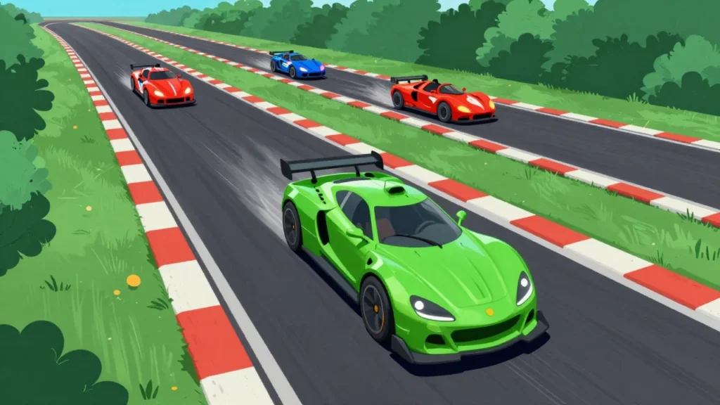 販売競争をレーストラックで表現した概念イラスト。鮮やかなグリーンの1台が大差でリードし、残り2台がはるか後方に停車または低速走行中。