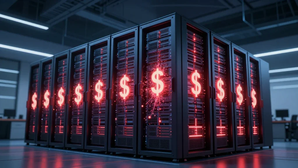 巨大なデータセンターのサーバーラック。ドル記号がデジタルの粒子に溶け込んでいく演出で、AIコスト爆発を象徴するシーン。