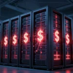 巨大なデータセンターのサーバーラック。ドル記号がデジタルの粒子に溶け込んでいく演出で、AIコスト爆発を象徴するシーン。