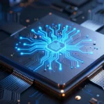 Apple Siliconチップのマクロ撮影風コンセプトアート。シリコンウェハ上で光るニューラルネットワーク経路の可視化。