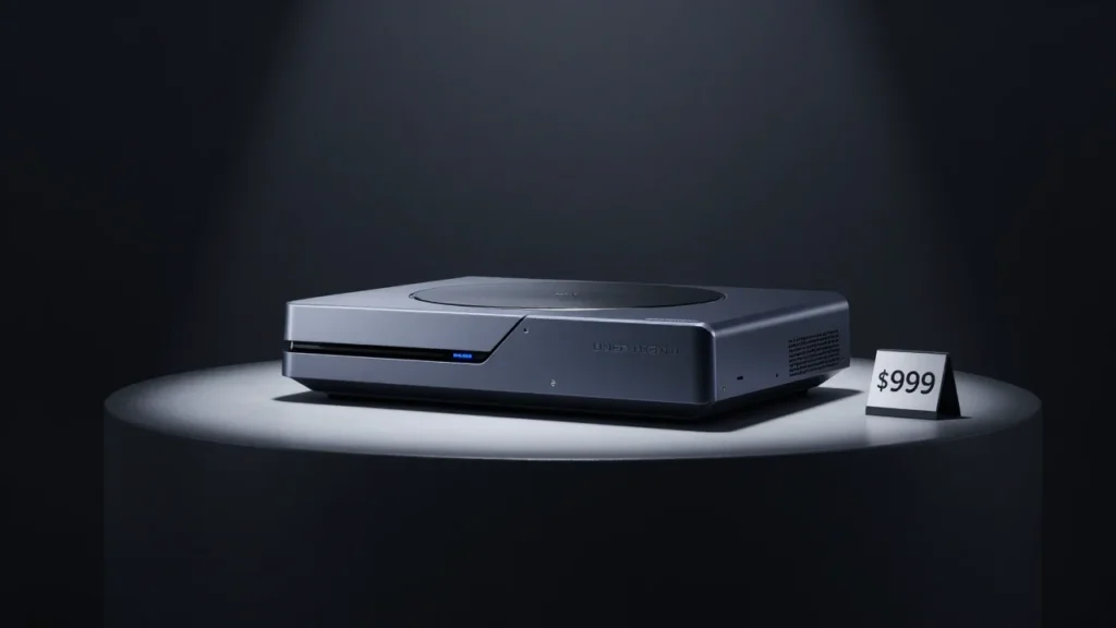 $999の値札が見えるペデスタルに置かれた次世代ゲーム機のコンセプトアート。