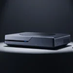 $999の値札が見えるペデスタルに置かれた次世代ゲーム機のコンセプトアート。