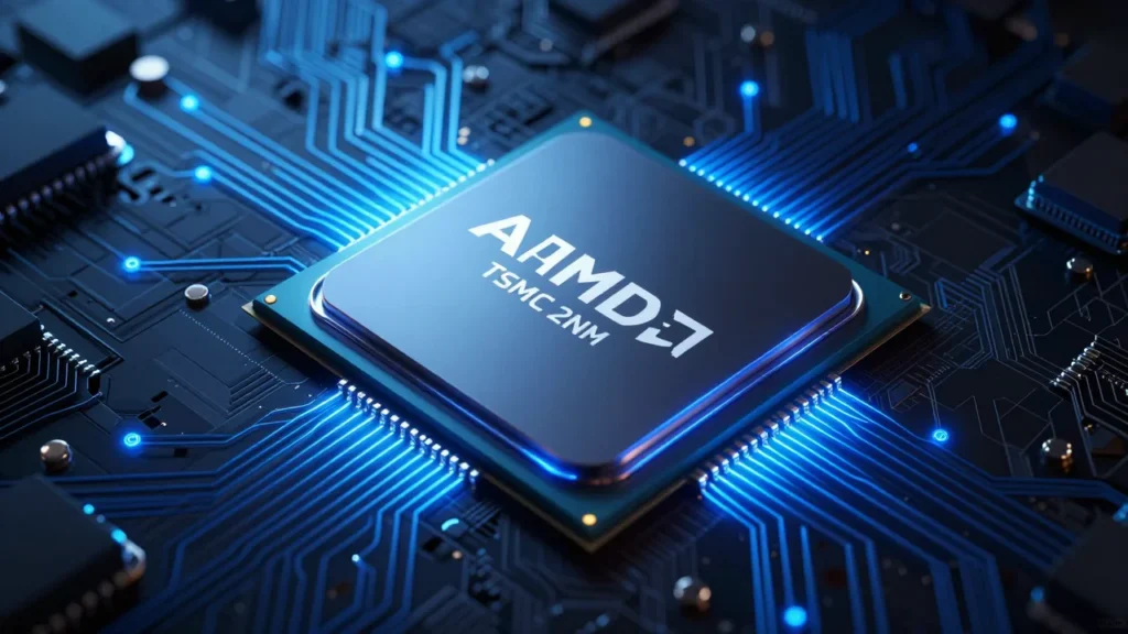 次世代AMDのチップレット構造をシネマティックに描いた製品コンセプトビジュアル。TSMC 2nmウェーハの細密なシリコン表面、青いネオン照明、暗背景、俯瞰アングル