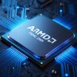 次世代AMDのチップレット構造をシネマティックに描いた製品コンセプトビジュアル。TSMC 2nmウェーハの細密なシリコン表面、青いネオン照明、暗背景、俯瞰アングル