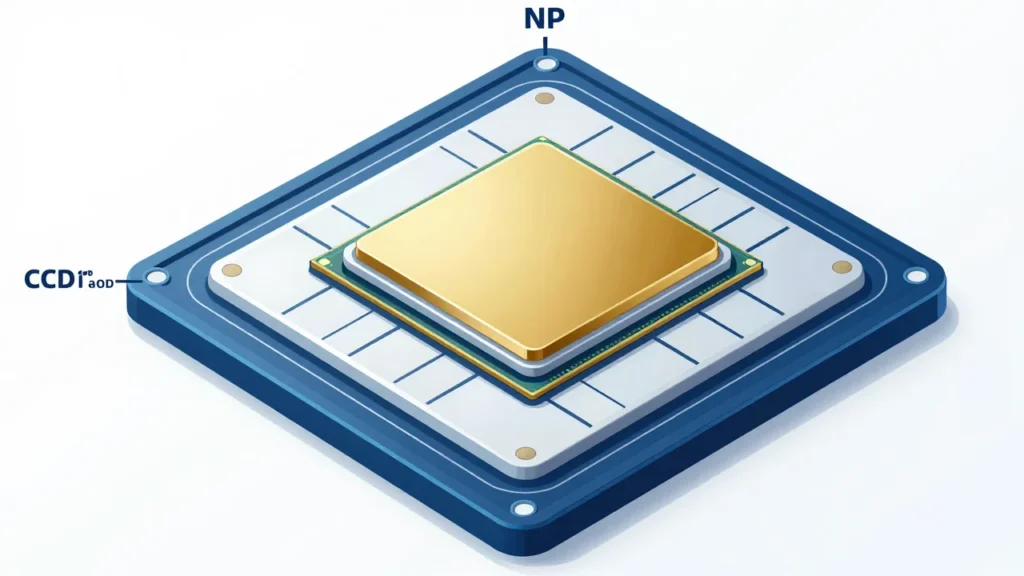 CCD・IODチップレット構成を示した技術系イラスト。NPUブロックをゴールドでハイライト、クリーンな青白インフォグラフィックスタイル