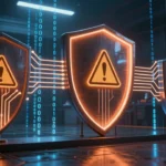 AIセーフティをテーマにしたコンセプトアート。サイバーパンク調の暗いラボに輝くシールドと警告シンボル。