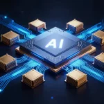 暗い宇宙空間に浮かぶ次世代AIアクセラレーターチップ。青く光る回路パターンとダイの周囲に配置された独自HBMメモリスタック。