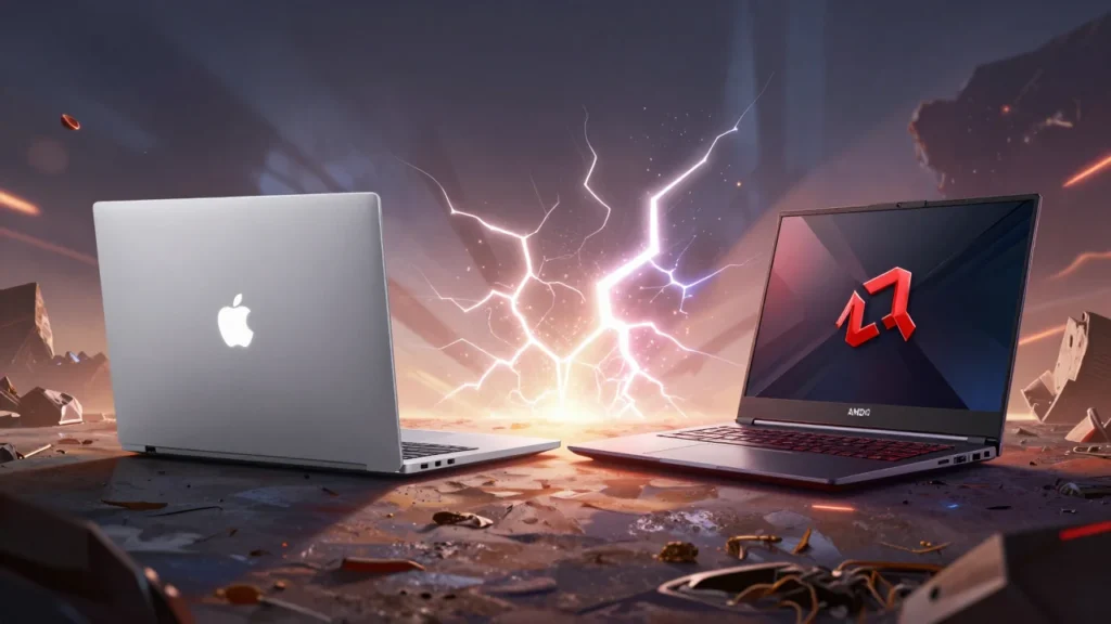 バトルフィールドで向かい合う2台のノートPC。片方はAppleのロゴが入ったシルバーのスリムなモデル、