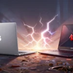 バトルフィールドで向かい合う2台のノートPC。片方はAppleのロゴが入ったシルバーのスリムなモデル、