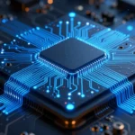 マザーボードのチップセット（PCHダイ）の超接写コンセプトアート。シリコン表面の回路パターンが青く発光する。