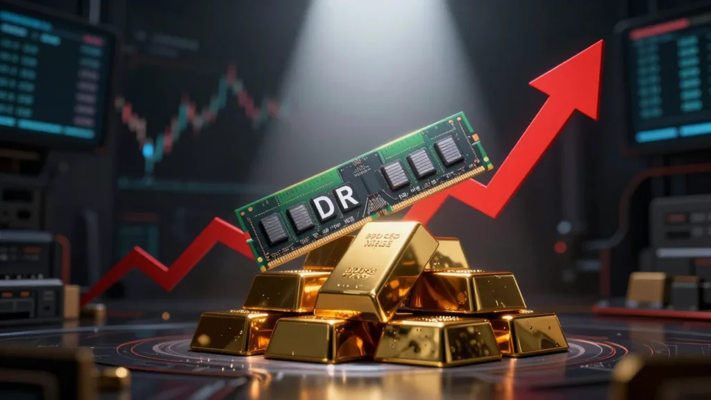 金融市場を想起させる演出の中にDDR5メモリモジュールが金塊のように積まれ、赤い上昇矢印が重なるドラマチックなデジタルイラスト。