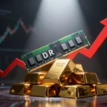 金融市場を想起させる演出の中にDDR5メモリモジュールが金塊のように積まれ、赤い上昇矢印が重なるドラマチックなデジタルイラスト。