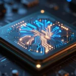 青とアンバーの光で浮かび上がる、ニューラルネットワークを思わせる配線パターンが刻まれた半導体ダイのマクロ撮影。