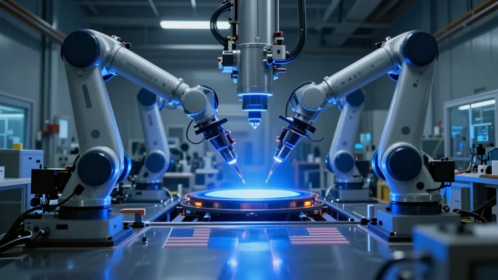 米国の半導体製造工場の内部。クリーンルームでロボットアームがウェハを搬送し、青紫のリソグラフィ光が幻想的に広がる。