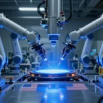 米国の半導体製造工場の内部。クリーンルームでロボットアームがウェハを搬送し、青紫のリソグラフィ光が幻想的に広がる。