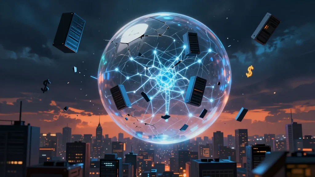 薄暮の光る都市型ニューラルネットワークの上空に浮かぶ、ひび割れたデジタルバブル。