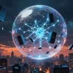 薄暮の光る都市型ニューラルネットワークの上空に浮かぶ、ひび割れたデジタルバブル。