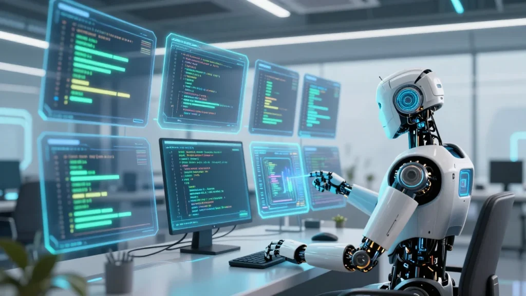 複数のホログラムスクリーンでコードを解析するAIロボット。