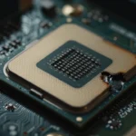 マザーボード上の壊れたCPUのマクロ撮影風コンセプトアート。プロセッサ基板の変形・損傷が見えるクローズアップ