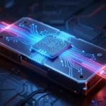 青と赤のエネルギーストリームが流れる未来的なGPUグラフィックスカード。チップ表面にニューラルネットワークのパターンが重なる、ダークなテック背景のシネマティックコンセプトアート