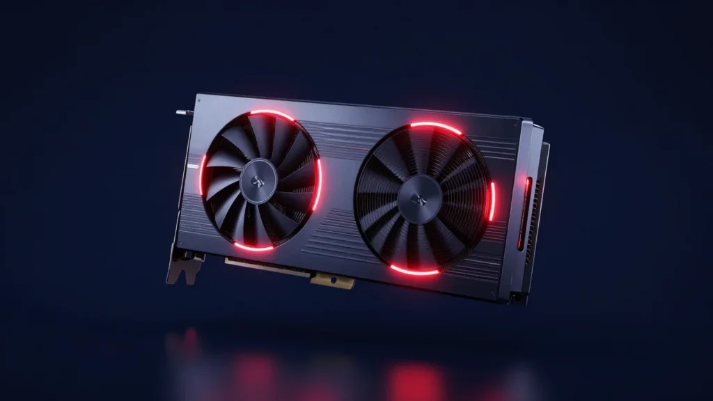 AMD系を思わせる赤色のRGBアクセントが入った最新世代グラフィックカードを、ドラマチックな照明でフロート風に配置した写実的なプロダクトイメージ